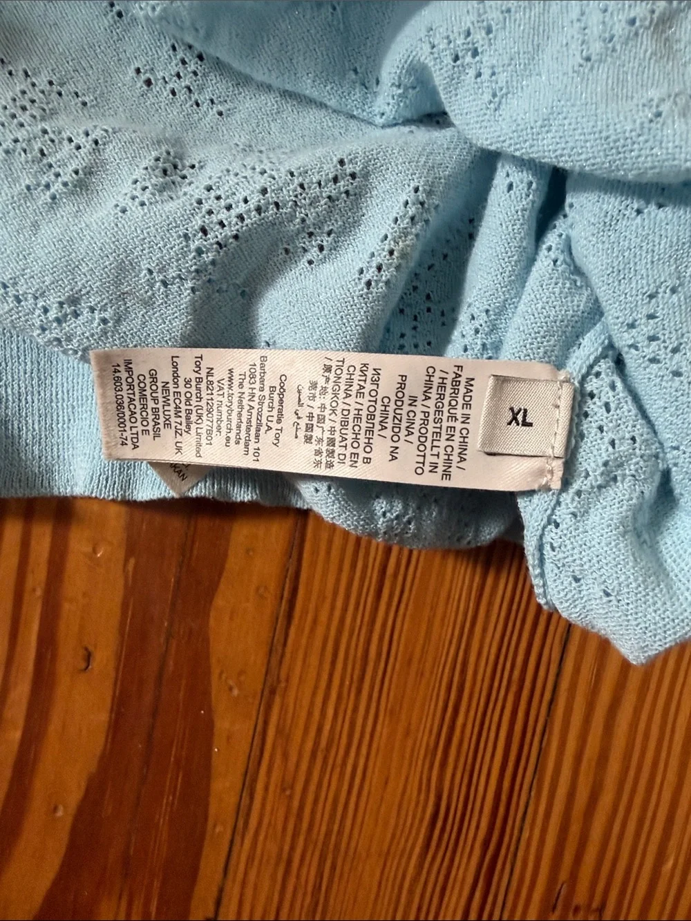 Tory Burch Light Blue Crewneck Sweater with Red Strawberry Patch